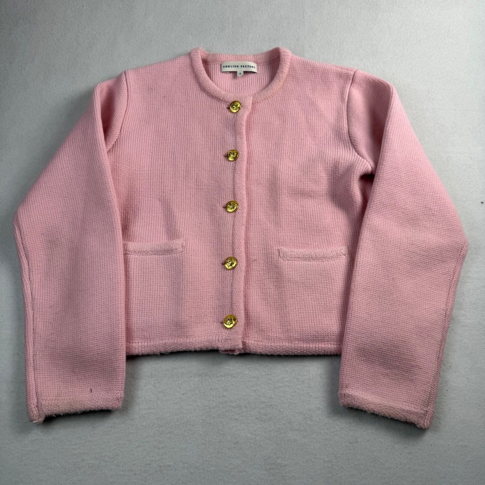 English Factory Pink Wool Blend Knit Cardigan Gold Crest Buttons Size S